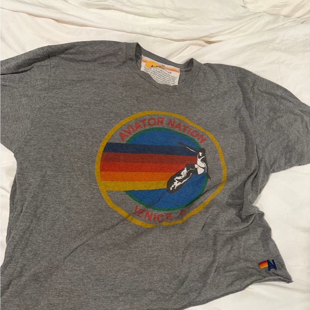 Aviator Nation Gray Tee with Rainbow Graphic